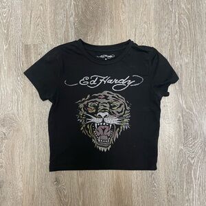 Ed Hardy Black Crop Tee with Multi-Color Tiger Graphic